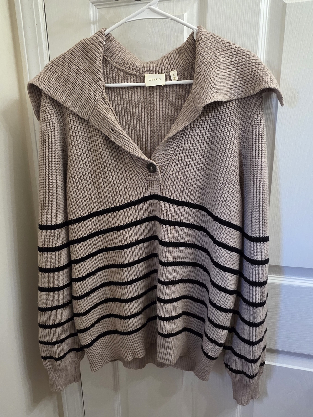 Cyrus Taupe Knit V-Neck Sweater with Black Stripes